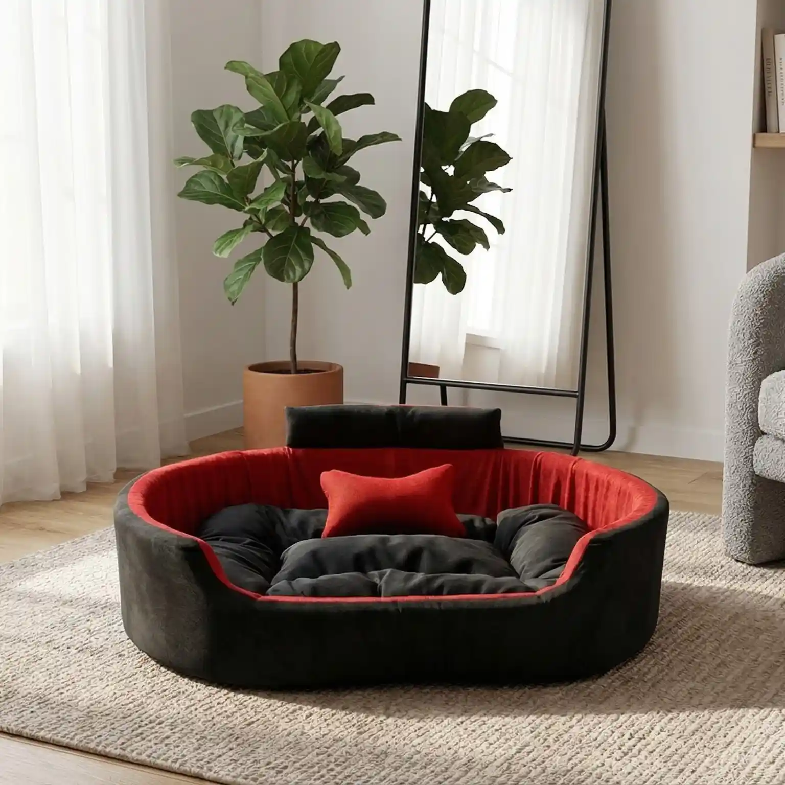 Black Red Dog Bed With Collar & Pillow Bolster Orthopedic Dog Bed, dog bed, premium dog bed, orthopedic dog bed, soft dog bed, pet bed for dogs, comfortable dog bed, washable dog bed, dog bed with cushion, premium orthopedic dog bed for large dogs, soft and comfortable dog bed with cushion, durable dog bed with PU foam support, luxury pet bed for small and medium dogs, breathable dog bed for summer and winter, stylish modern dog bed for home, lightweight dog bed easy to carry, dog bed with bone shape pillow, buy dog bed online India, best dog bed for home use, affordable premium dog bed, high quality pet bed India, dog bed under budget, cozy dog bed, luxury pet comfort bed, soft plush dog bed, designer dog bed, pet sleeping bed, dog sofa bed, dog lounger bed, pet sofa bed, round dog bed, donut dog bed, calming dog bed, anti anxiety dog bed, raised edge dog bed, bolster dog bed, dog bed with side support, dog bed with high walls, puppy bed, small dog bed, medium dog bed, large dog bed, extra large dog bed, indoor dog bed, home pet bed, dog sleeping cushion, thick padded dog bed, fluffy dog bed, soft foam dog bed, PU foam dog bed, fiber filled dog bed, eco friendly dog bed, skin friendly dog bed, hypoallergenic dog bed, non toxic pet bed, durable pet bedding, long lasting dog bed, tear resistant dog bed, chew resistant dog bed, easy to clean dog bed, machine washable pet bed, removable cover dog bed, portable dog bed, travel dog bed, foldable dog bed, lightweight pet bed, luxury dog sofa, premium pet mattress, designer pet furniture, modern pet bed, aesthetic dog bed, comfortable pet mattress, pet relaxation bed, cozy pet nest, warm dog bed for winter, cool breathable dog bed for summer, all season dog bed, anti slip base dog bed, waterproof dog bed, indoor luxury pet bed, dog bed for crate, dog bed for living room, pet accessories dog bed, best selling dog bed, trending pet products, affordable pet bedding India, online pet supplies India
