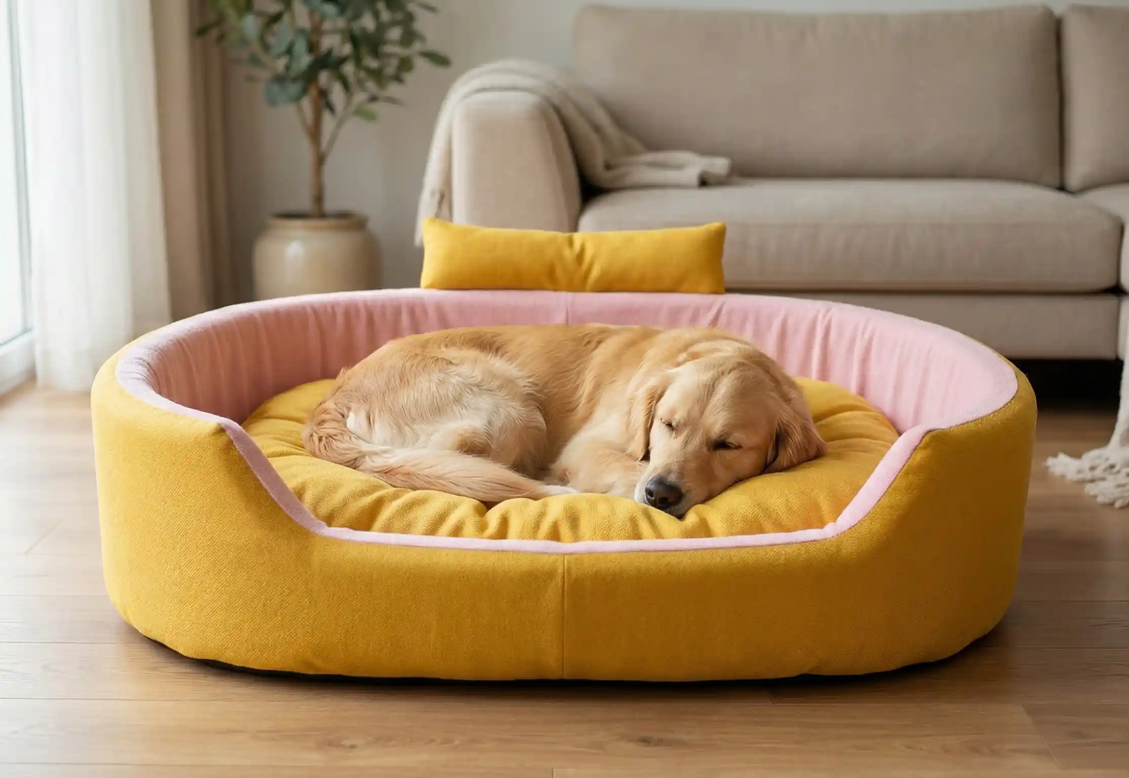Yellow Baby Pink Dog Bed With Collar Bolster Orthopedic Dog Bed, dog bed, premium dog bed, orthopedic dog bed, soft dog bed, pet bed for dogs, comfortable dog bed, washable dog bed, dog bed with cushion, premium orthopedic dog bed for large dogs, soft and comfortable dog bed with cushion, durable dog bed with PU foam support, luxury pet bed for small and medium dogs, breathable dog bed for summer and winter, stylish modern dog bed for home, lightweight dog bed easy to carry, dog bed with bone shape pillow, buy dog bed online India, best dog bed for home use, affordable premium dog bed, high quality pet bed India, dog bed under budget, cozy dog bed, luxury pet comfort bed, soft plush dog bed, designer dog bed, pet sleeping bed, dog sofa bed, dog lounger bed, pet sofa bed, round dog bed, donut dog bed, calming dog bed, anti anxiety dog bed, raised edge dog bed, bolster dog bed, dog bed with side support, dog bed with high walls, puppy bed, small dog bed, medium dog bed, large dog bed, extra large dog bed, indoor dog bed, home pet bed, dog sleeping cushion, thick padded dog bed, fluffy dog bed, soft foam dog bed, PU foam dog bed, fiber filled dog bed, eco friendly dog bed, skin friendly dog bed, hypoallergenic dog bed, non toxic pet bed, durable pet bedding, long lasting dog bed, tear resistant dog bed, chew resistant dog bed, easy to clean dog bed, machine washable pet bed, removable cover dog bed, portable dog bed, travel dog bed, foldable dog bed, lightweight pet bed, luxury dog sofa, premium pet mattress, designer pet furniture, modern pet bed, aesthetic dog bed, comfortable pet mattress, pet relaxation bed, cozy pet nest, warm dog bed for winter, cool breathable dog bed for summer, all season dog bed, anti slip base dog bed, waterproof dog bed, indoor luxury pet bed, dog bed for crate, dog bed for living room, pet accessories dog bed, best selling dog bed, trending pet products, affordable pet bedding India, online pet supplies India