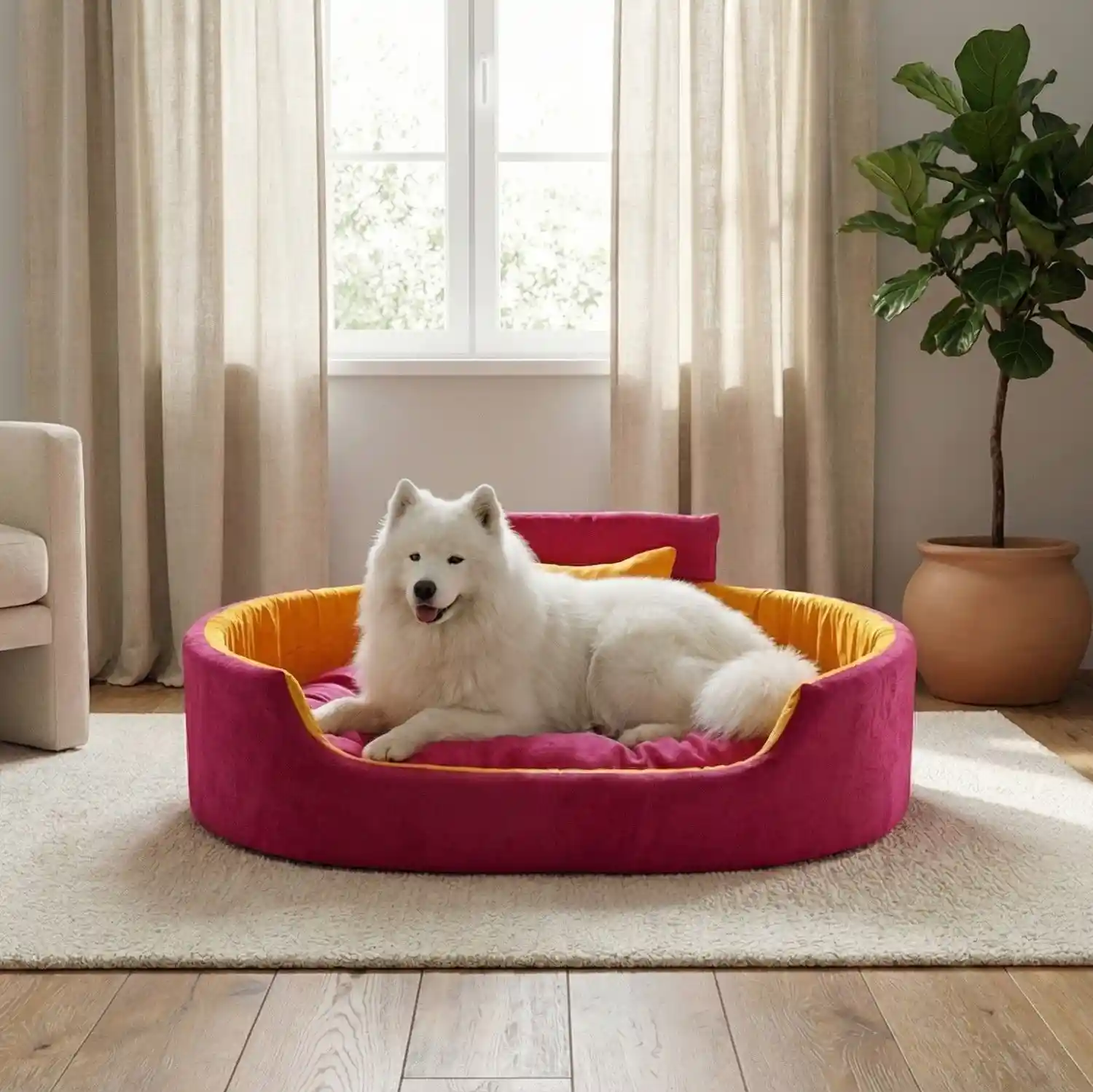 Pink Yellow Dog Bed With Collar & Pillow Bolster Orthopedic Dog Bed, dog bed, premium dog bed, orthopedic dog bed, soft dog bed, pet bed for dogs, comfortable dog bed, washable dog bed, dog bed with cushion, premium orthopedic dog bed for large dogs, soft and comfortable dog bed with cushion, durable dog bed with PU foam support, luxury pet bed for small and medium dogs, breathable dog bed for summer and winter, stylish modern dog bed for home, lightweight dog bed easy to carry, dog bed with bone shape pillow, buy dog bed online India, best dog bed for home use, affordable premium dog bed, high quality pet bed India, dog bed under budget, cozy dog bed, luxury pet comfort bed, soft plush dog bed, designer dog bed, pet sleeping bed, dog sofa bed, dog lounger bed, pet sofa bed, round dog bed, donut dog bed, calming dog bed, anti anxiety dog bed, raised edge dog bed, bolster dog bed, dog bed with side support, dog bed with high walls, puppy bed, small dog bed, medium dog bed, large dog bed, extra large dog bed, indoor dog bed, home pet bed, dog sleeping cushion, thick padded dog bed, fluffy dog bed, soft foam dog bed, PU foam dog bed, fiber filled dog bed, eco friendly dog bed, skin friendly dog bed, hypoallergenic dog bed, non toxic pet bed, durable pet bedding, long lasting dog bed, tear resistant dog bed, chew resistant dog bed, easy to clean dog bed, machine washable pet bed, removable cover dog bed, portable dog bed, travel dog bed, foldable dog bed, lightweight pet bed, luxury dog sofa, premium pet mattress, designer pet furniture, modern pet bed, aesthetic dog bed, comfortable pet mattress, pet relaxation bed, cozy pet nest, warm dog bed for winter, cool breathable dog bed for summer, all season dog bed, anti slip base dog bed, waterproof dog bed, indoor luxury pet bed, dog bed for crate, dog bed for living room, pet accessories dog bed, best selling dog bed, trending pet products, affordable pet bedding India, online pet supplies India
